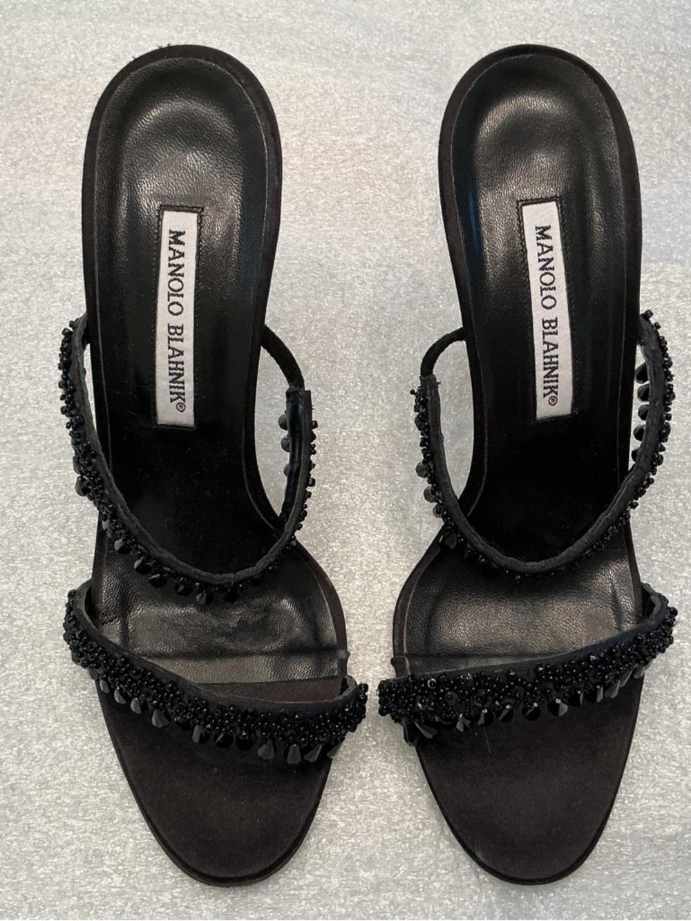 RARE Manolo Blahnik Beaded Heels 38.5 / 8.5 Black Vintage Sandals Y2K w Box